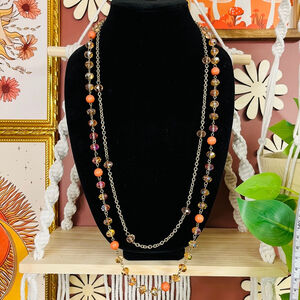 Erica Lyons Beaded Chain Necklace 2 Layer Orange Faceted‎ Beads Extra Long
